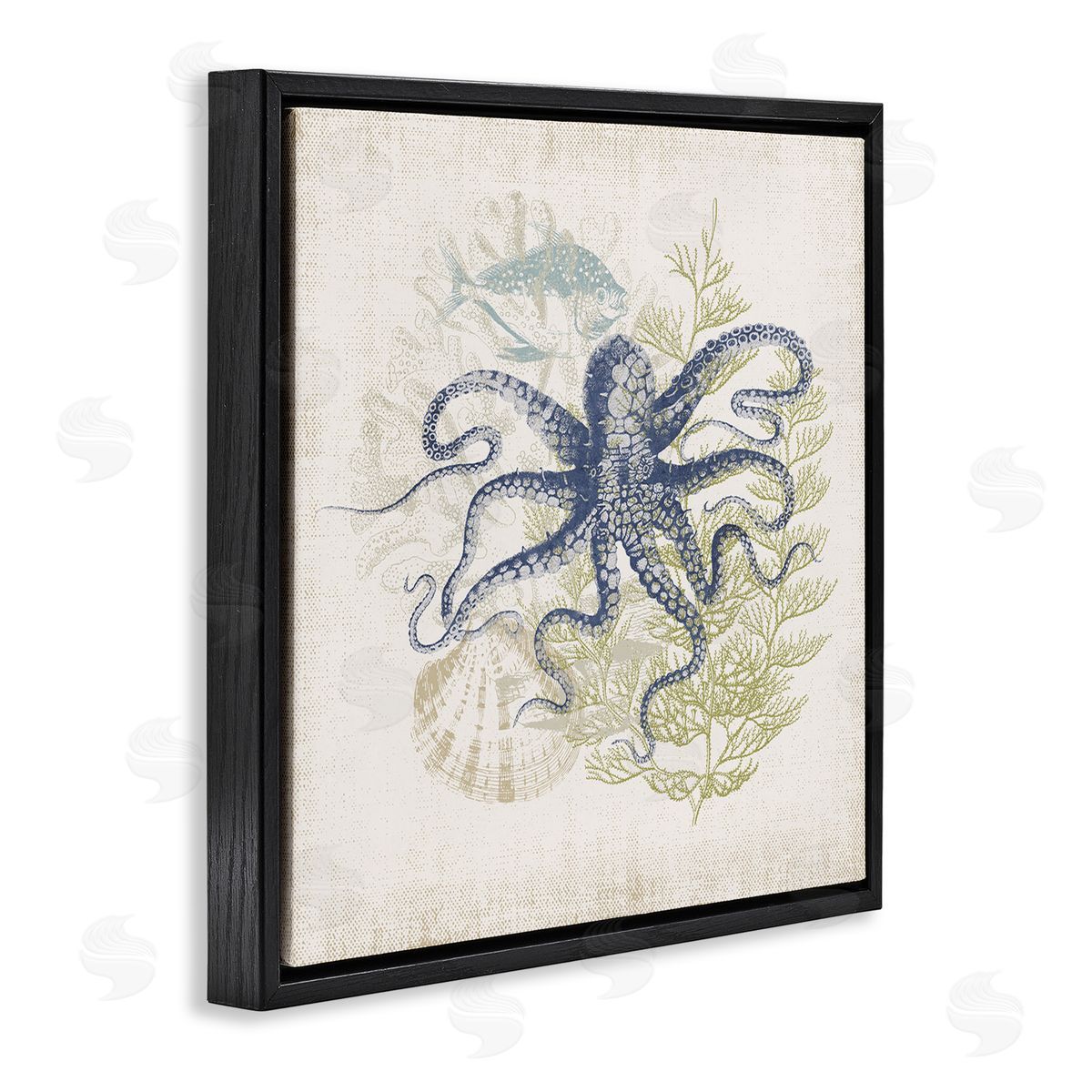 Victoria Barnes Weathered Sea Life Overlay Pattern Aquatic Octopus  Black Floating Frame Canvas Wall Art Print