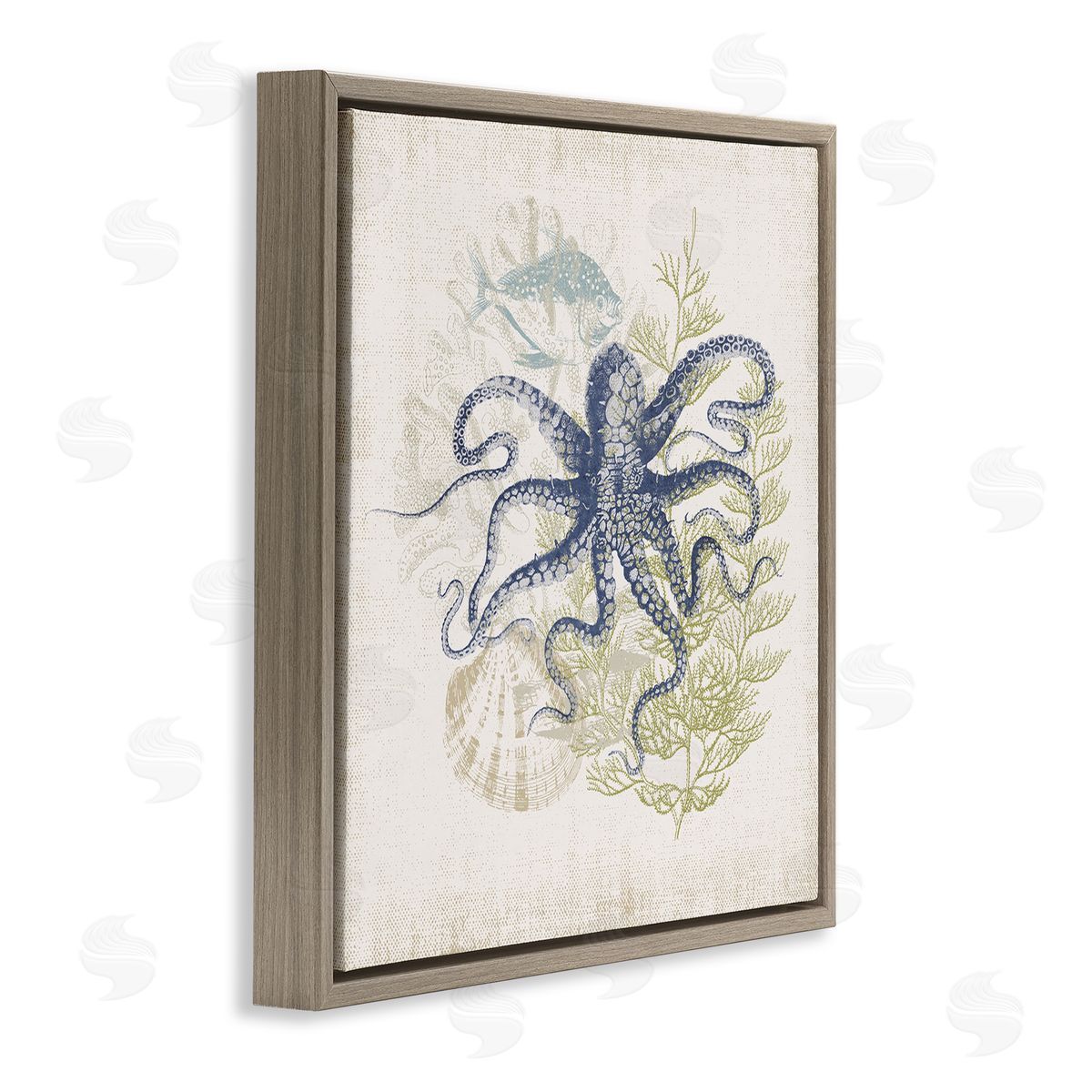 Victoria Barnes Weathered Sea Life Overlay Pattern Aquatic Octopus  Brown Floating Frame Canvas Wall Art Print