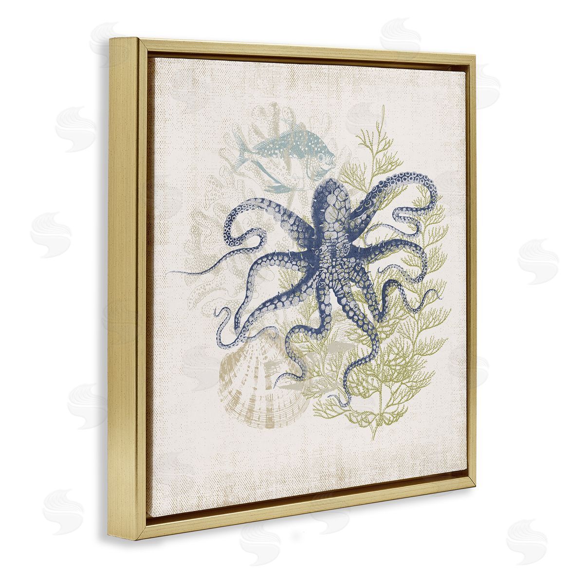 Victoria Barnes Weathered Sea Life Overlay Pattern Aquatic Octopus  Gold Floating Frame Canvas Wall Art Print