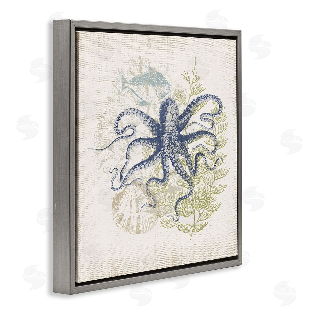 Victoria Barnes Weathered Sea Life Overlay Pattern Aquatic Octopus  Gray Floating Frame Canvas Wall Art Print