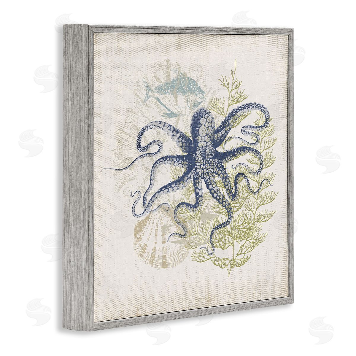 Victoria Barnes Weathered Sea Life Overlay Pattern Aquatic Octopus  Gray Framed Glicee Wall Art Print