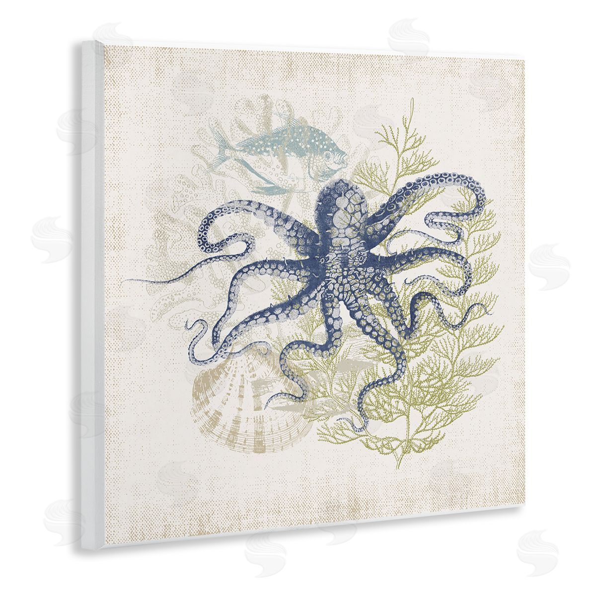 Victoria Barnes Weathered Sea Life Overlay Pattern Aquatic Octopus  Wooden Wall Plaque Art Print