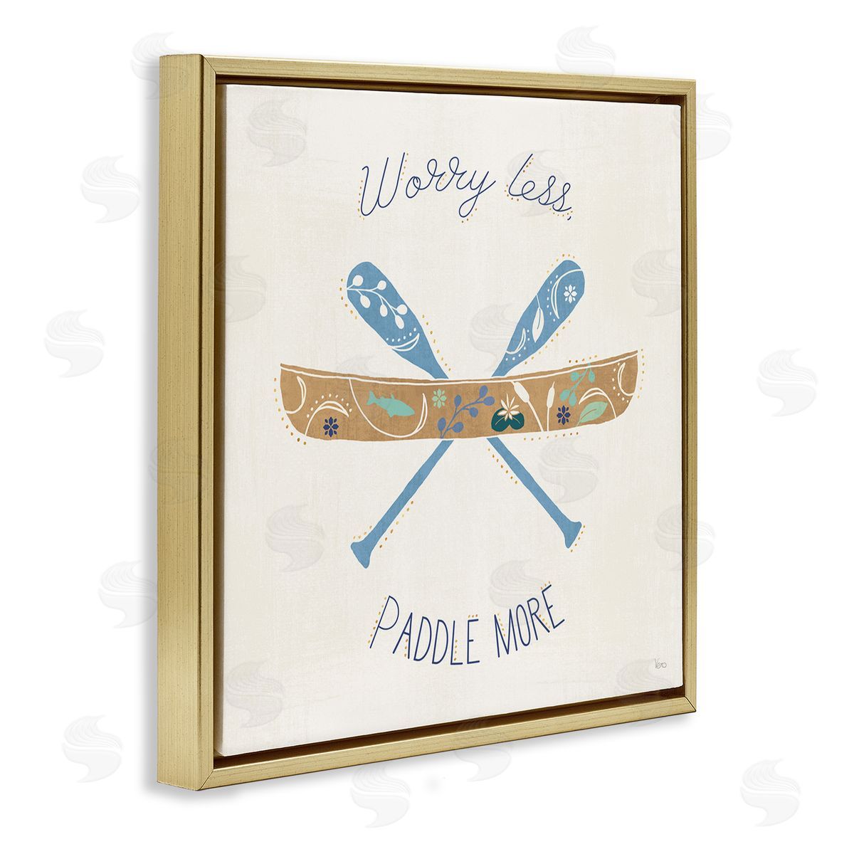 Veronique Charron Worry Less Paddle More Canoe Boat Typography  Gold Floating Frame Canvas Wall Art Print