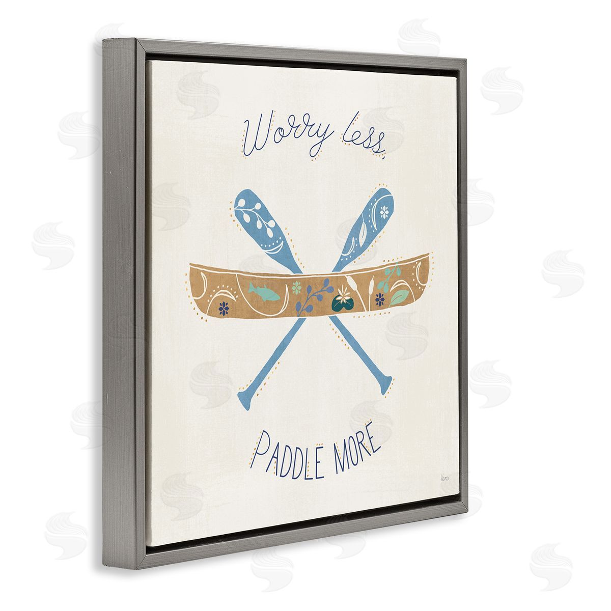 Veronique Charron Worry Less Paddle More Canoe Boat Typography  Gray Floating Frame Canvas Wall Art Print