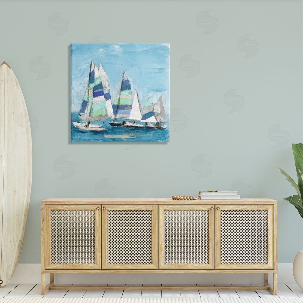 Katrina Craven Nautical Striped Sail Boats Summertime Ocean Painting Canvas Wall Art in Room