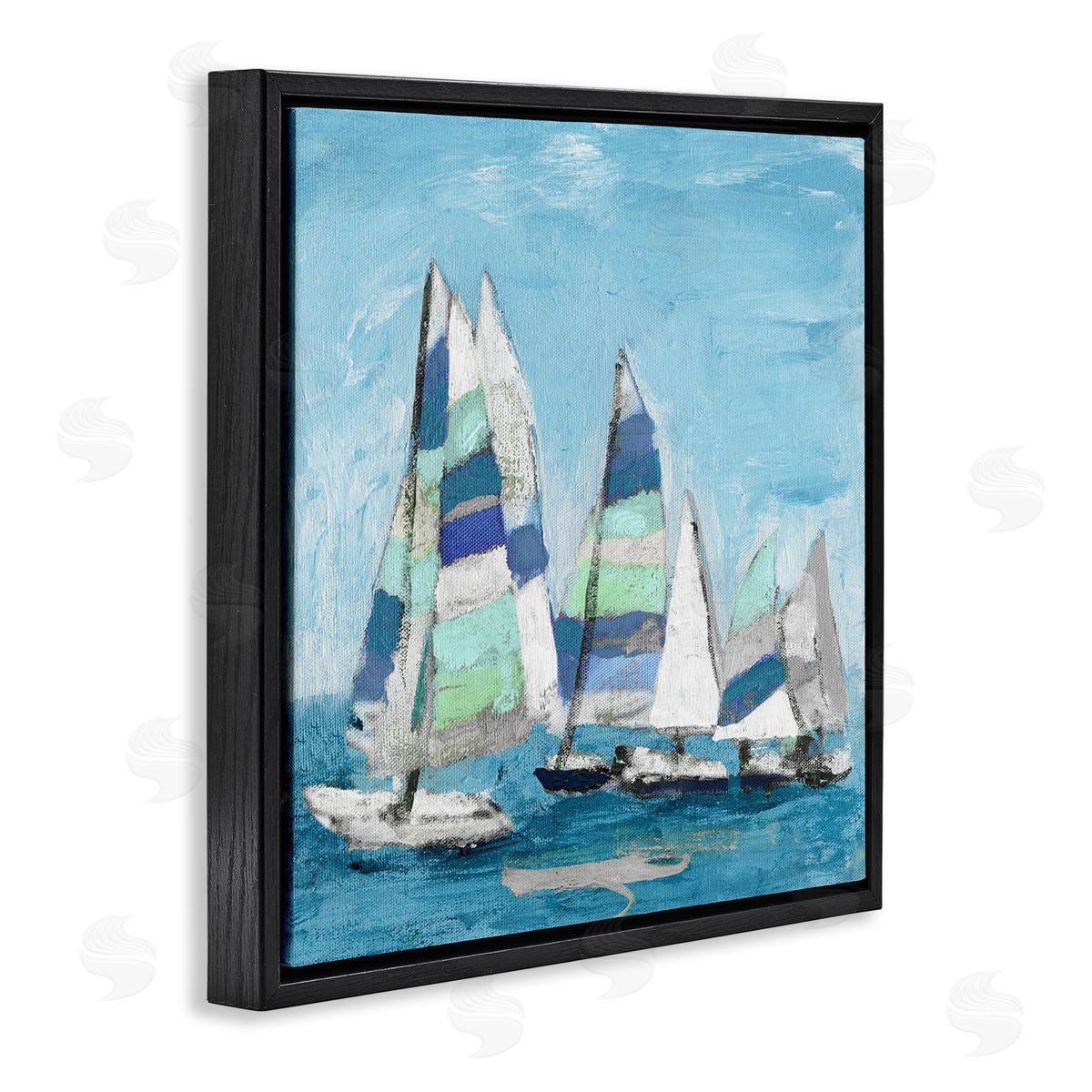 Katrina Craven Nautical Striped Sail Boats Summertime Ocean Painting Black Floating Frame Canvas Wall Art Print