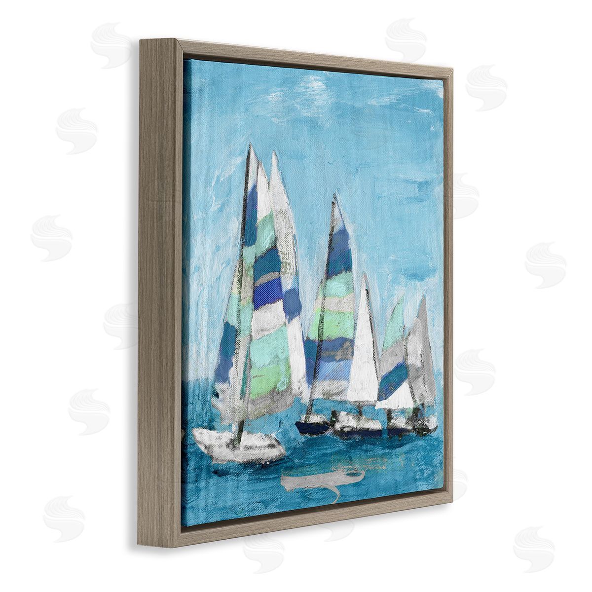 Katrina Craven Nautical Striped Sail Boats Summertime Ocean Painting Brown Floating Frame Canvas Wall Art Print