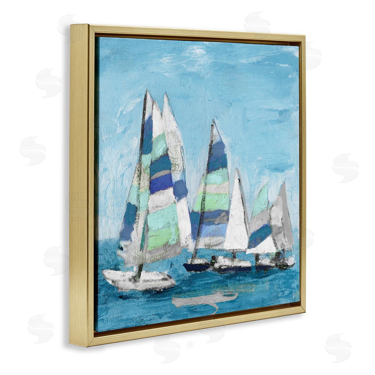 Katrina Craven Nautical Striped Sail Boats Summertime Ocean Painting Gold Floating Frame Canvas Wall Art Print