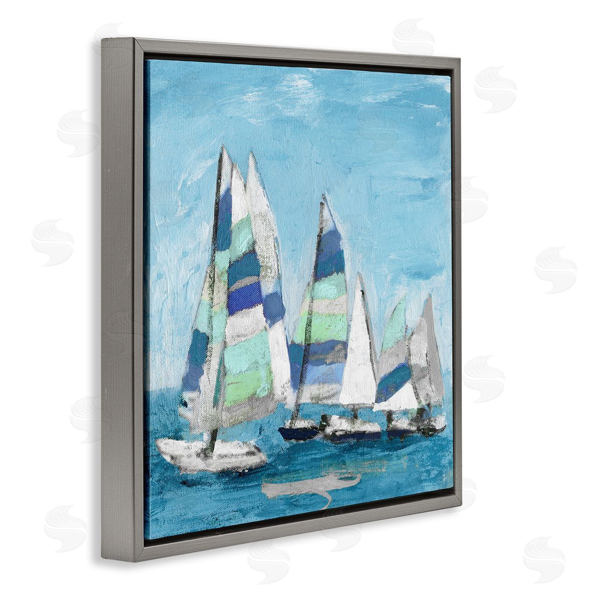 Katrina Craven Nautical Striped Sail Boats Summertime Ocean Painting Gray Floating Frame Canvas Wall Art Print