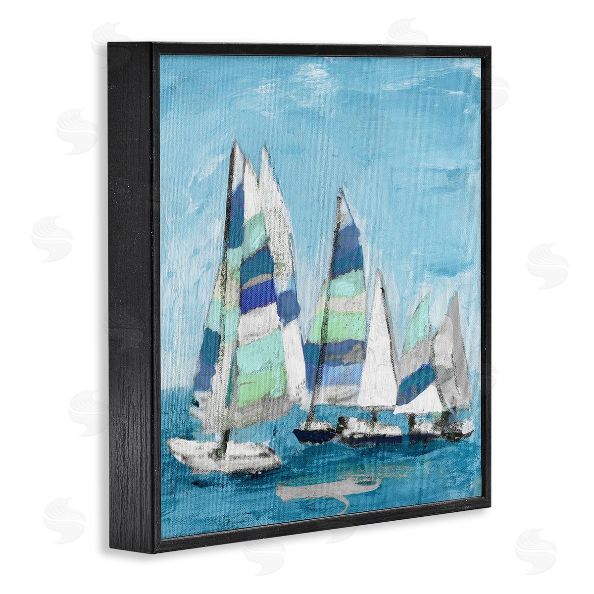 Katrina Craven Nautical Striped Sail Boats Summertime Ocean Painting Black Framed Glicee Wall Art Print