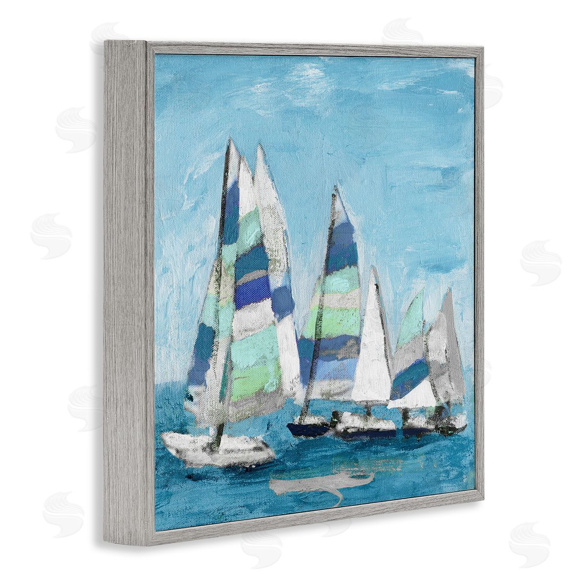 Katrina Craven Nautical Striped Sail Boats Summertime Ocean Painting Gray Framed Glicee Wall Art Print