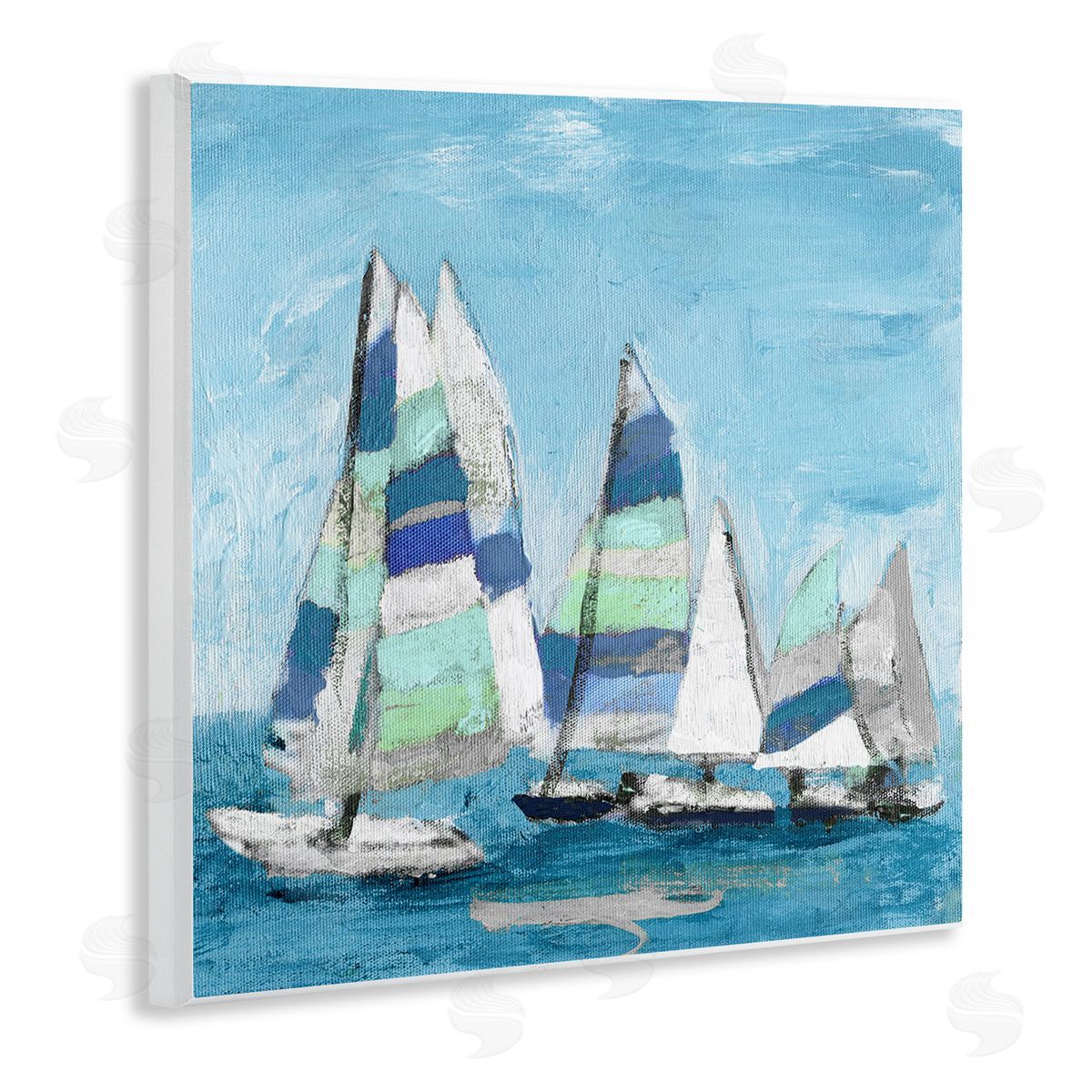 Katrina Craven Nautical Striped Sail Boats Summertime Ocean Painting Wooden Wall Plaque Art Print