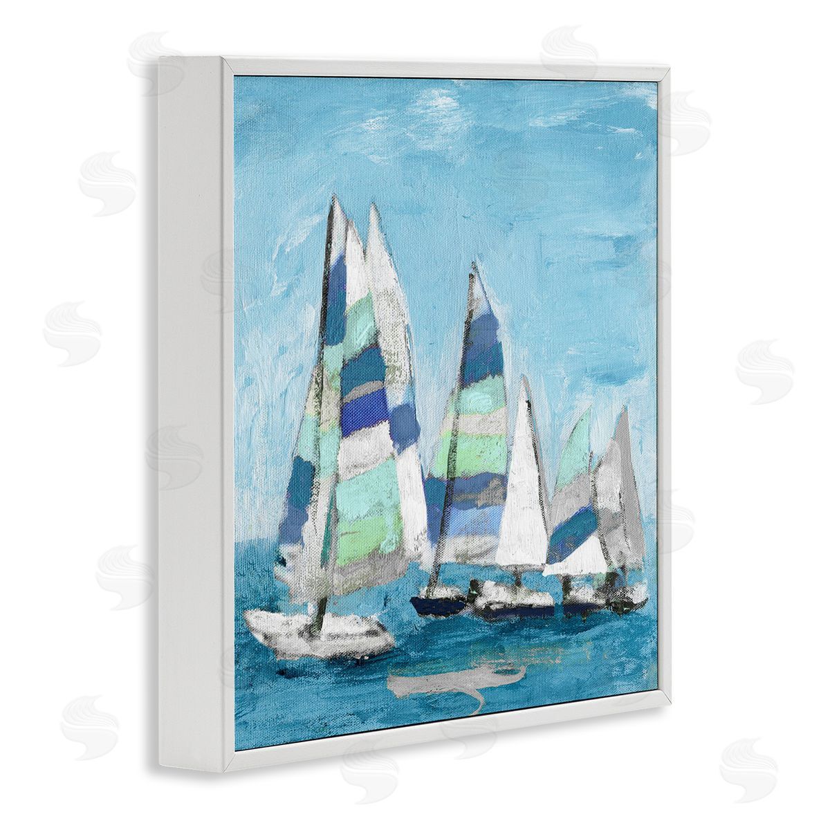 Katrina Craven Nautical Striped Sail Boats Summertime Ocean Painting White Framed Glicee Wall Art Print