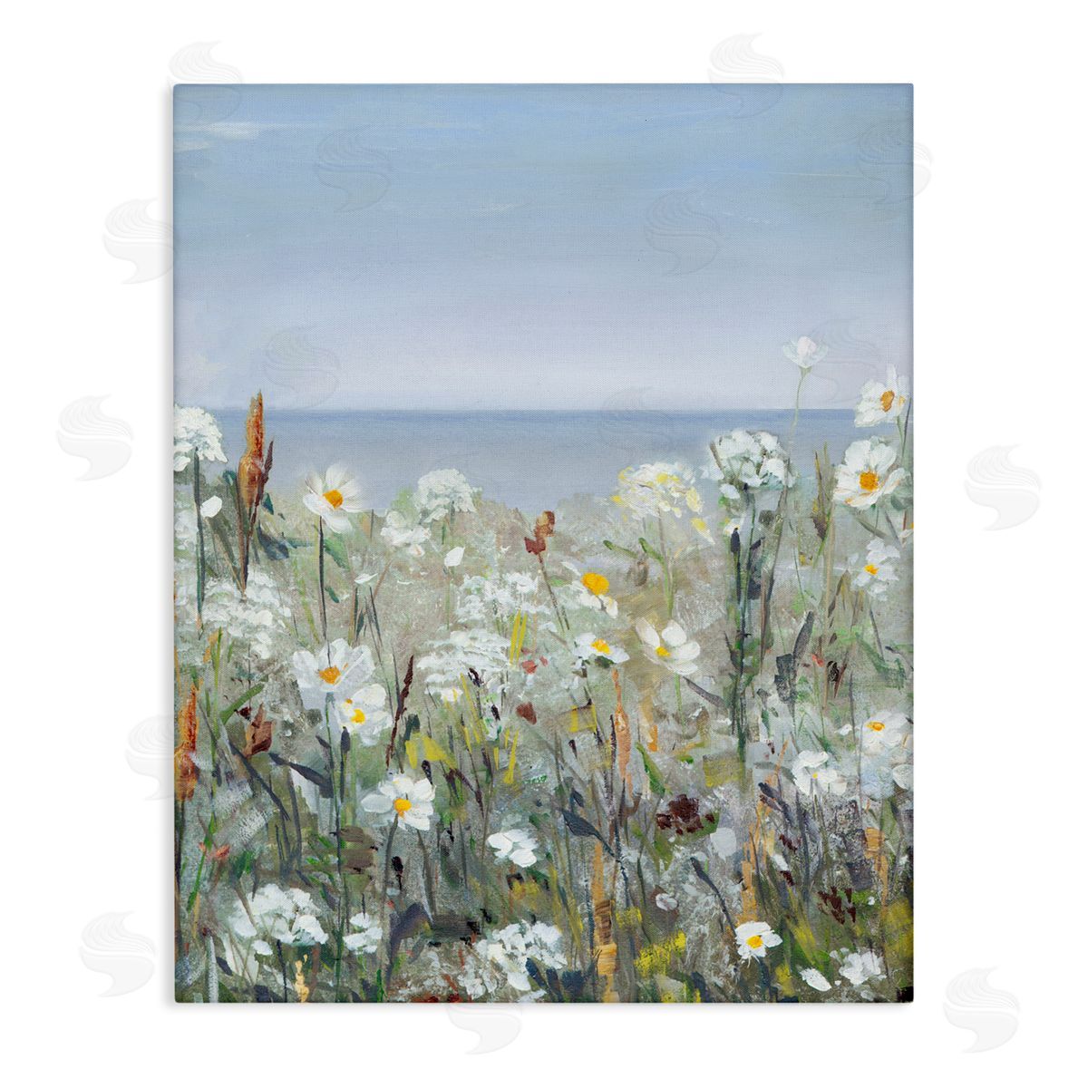 Sally Swatland Pleasant Summer Flower Field Distant Beach Shore Stretched Canvas Wall Art Print