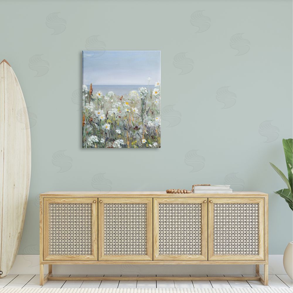 Sally Swatland Pleasant Summer Flower Field Distant Beach Shore Canvas Wall Art Print in Room
