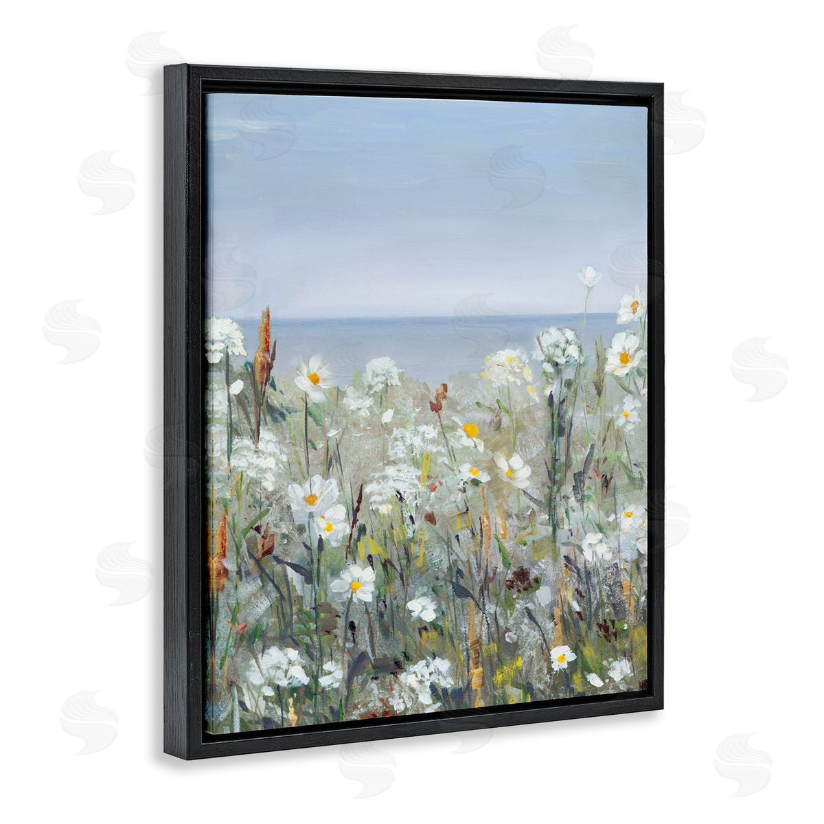 Sally Swatland Pleasant Summer Flower Field Distant Beach Shore Black Floating Frame Canvas Wall Art Print