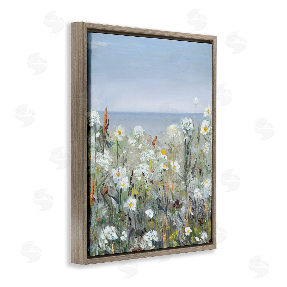 Sally Swatland Pleasant Summer Flower Field Distant Beach Shore Brown Floating Frame Canvas Wall Art Print