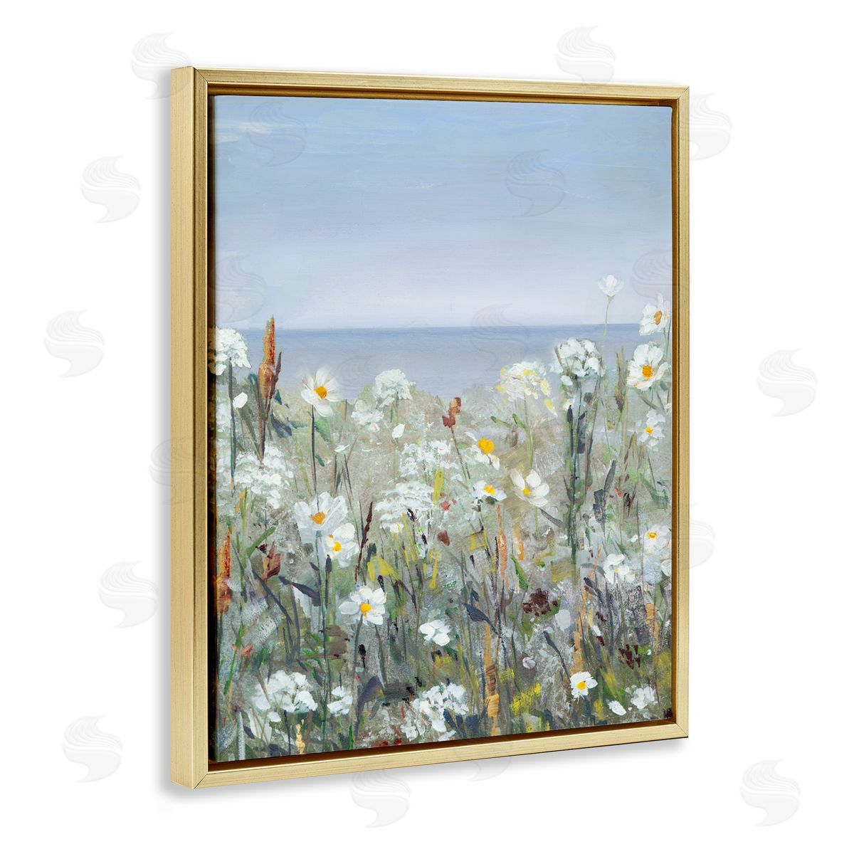 Sally Swatland Pleasant Summer Flower Field Distant Beach Shore Gold Floating Frame Canvas Wall Art Print