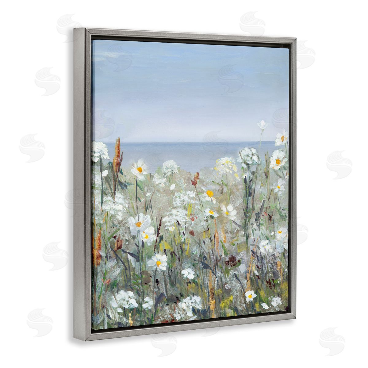 Sally Swatland Pleasant Summer Flower Field Distant Beach Shore Gray Floating Frame Canvas Wall Art Print