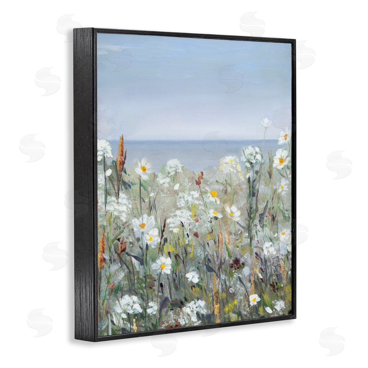 Sally Swatland Pleasant Summer Flower Field Distant Beach Shore Black Framed Giclee Wall Art Print