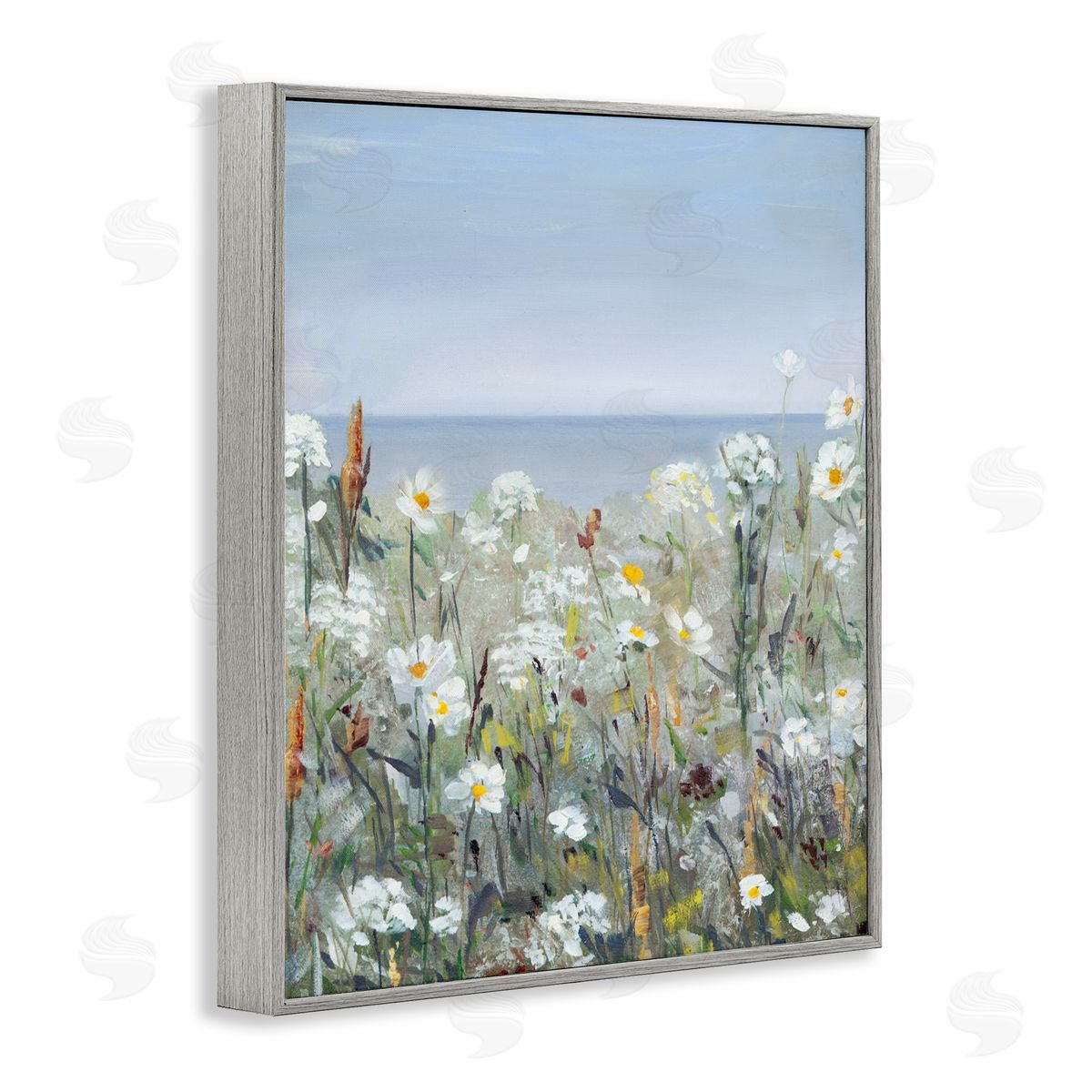 Sally Swatland Pleasant Summer Flower Field Distant Beach Shore Gray Framed Giclee Wall Art Print
