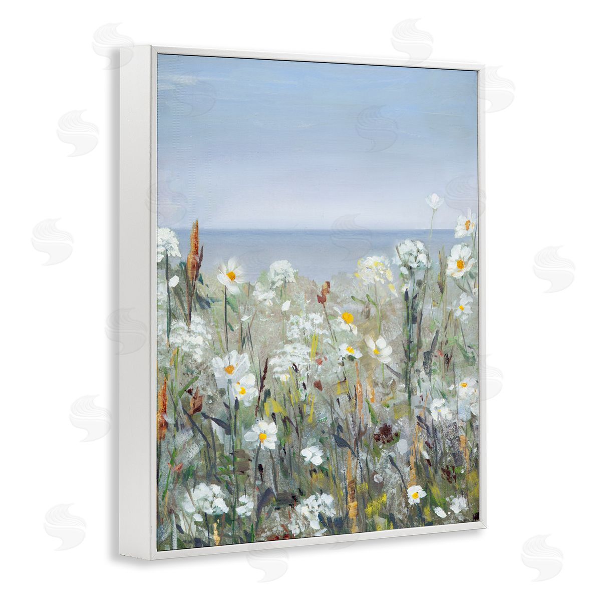 Sally Swatland Pleasant Summer Flower Field Distant Beach Shore White Framed Giclee Wall Art Print