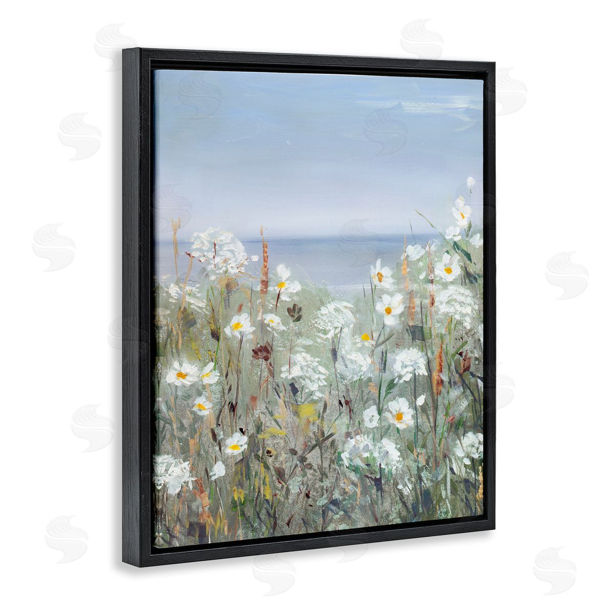 Sally Swatland Spring Daisy Flower Blooms Beachside Ocean View Black Floating Frame Canvas Wall Art Print