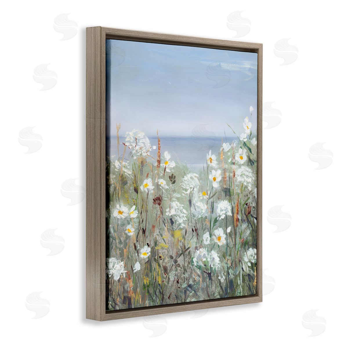 Sally Swatland Spring Daisy Flower Blooms Beachside Ocean View Brown Floating Frame Canvas Wall Art Print