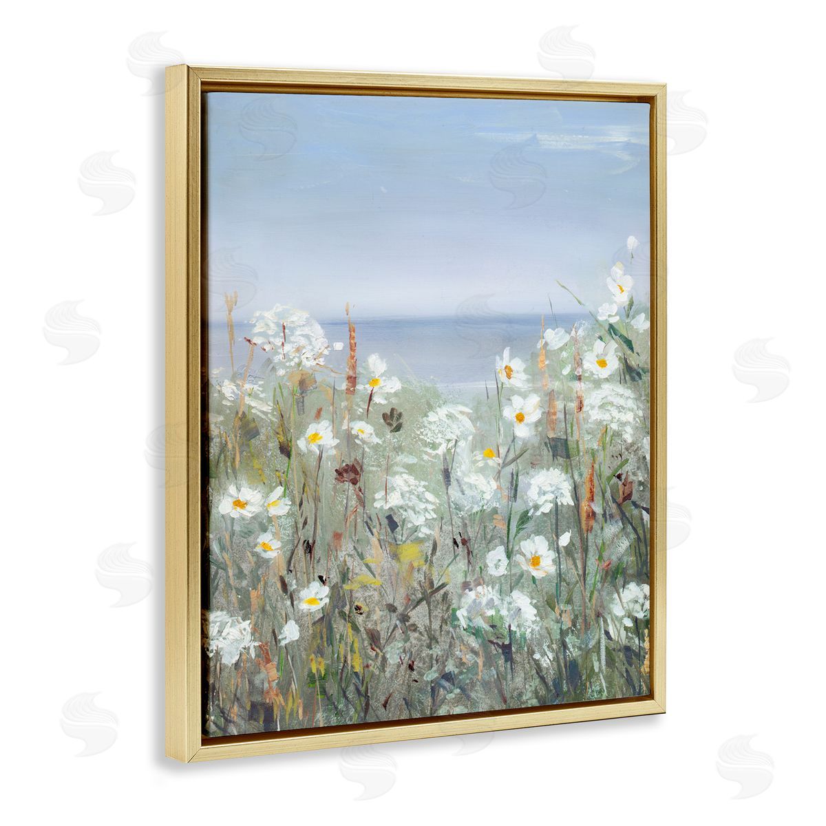 Sally Swatland Spring Daisy Flower Blooms Beachside Ocean View Gold Floating Frame Canvas Wall Art Print