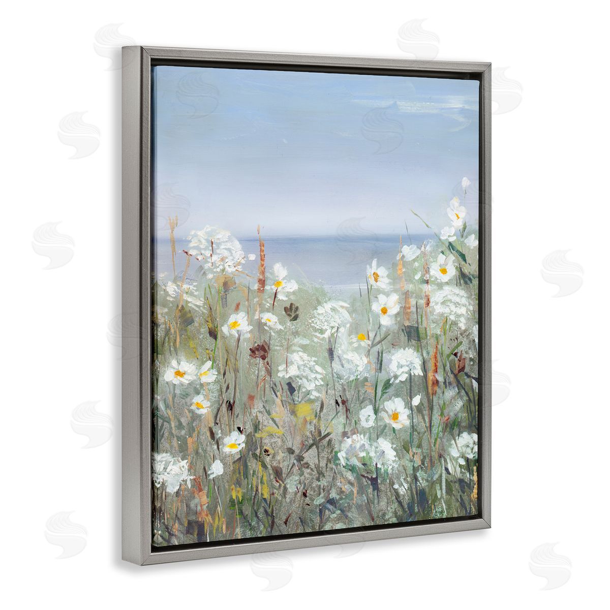 Sally Swatland Spring Daisy Flower Blooms Beachside Ocean View Gray Floating Frame Canvas Wall Art Print