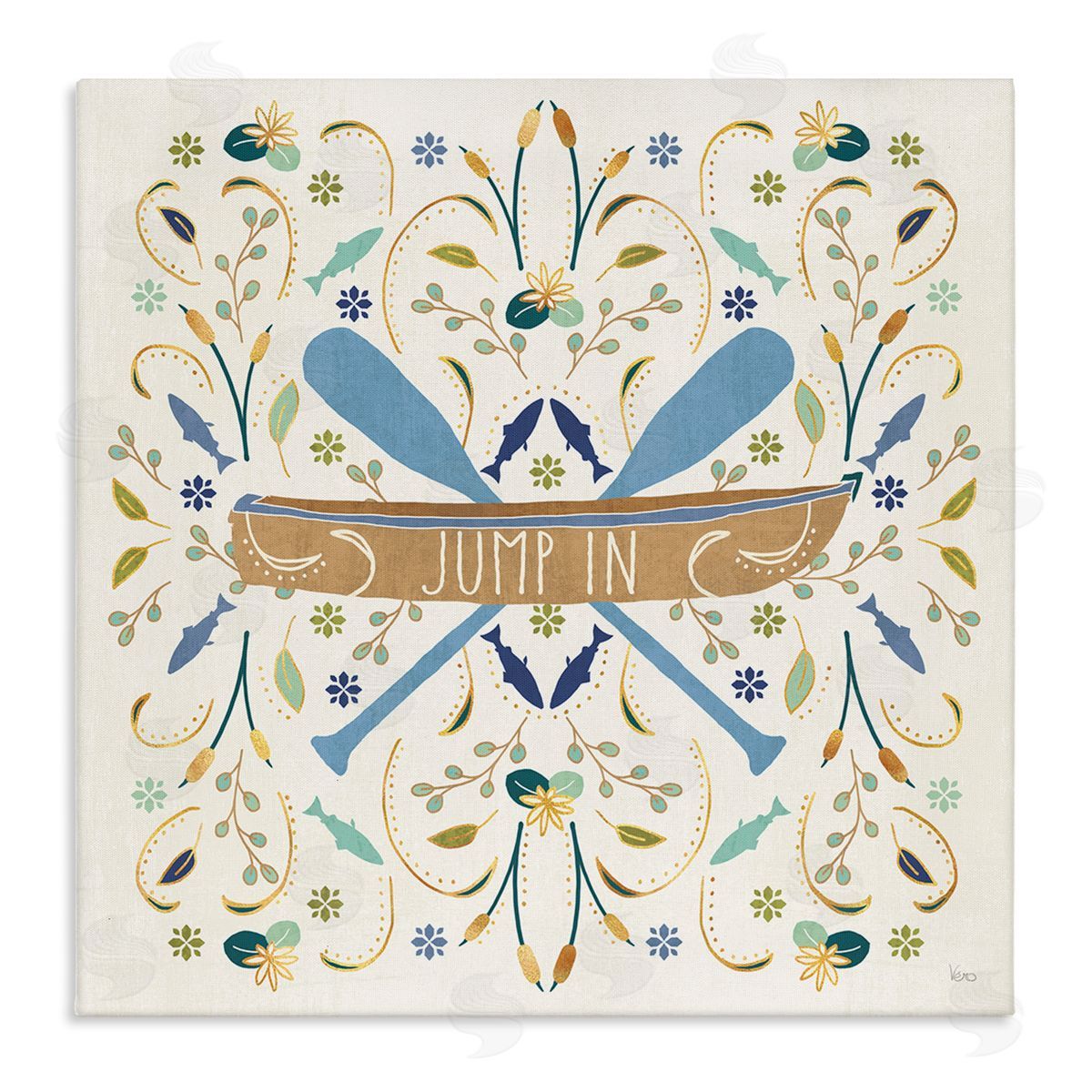 Veronique Charron Jump In Botanical Patterned Canoe Boat Crossed Ores Stretched Canvas Wall Art Print