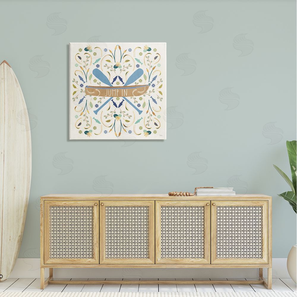 Veronique Charron Jump In Botanical Patterned Canoe Boat Crossed Ores Canvas Wall Art in Room