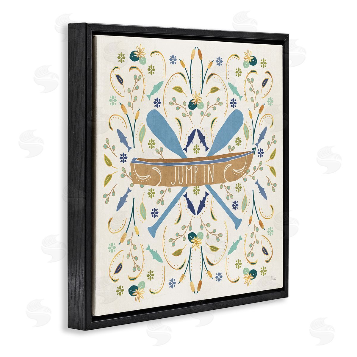 Veronique Charron Jump In Botanical Patterned Canoe Boat Crossed Ores Black Floating Frame Canvas Wall Art Print