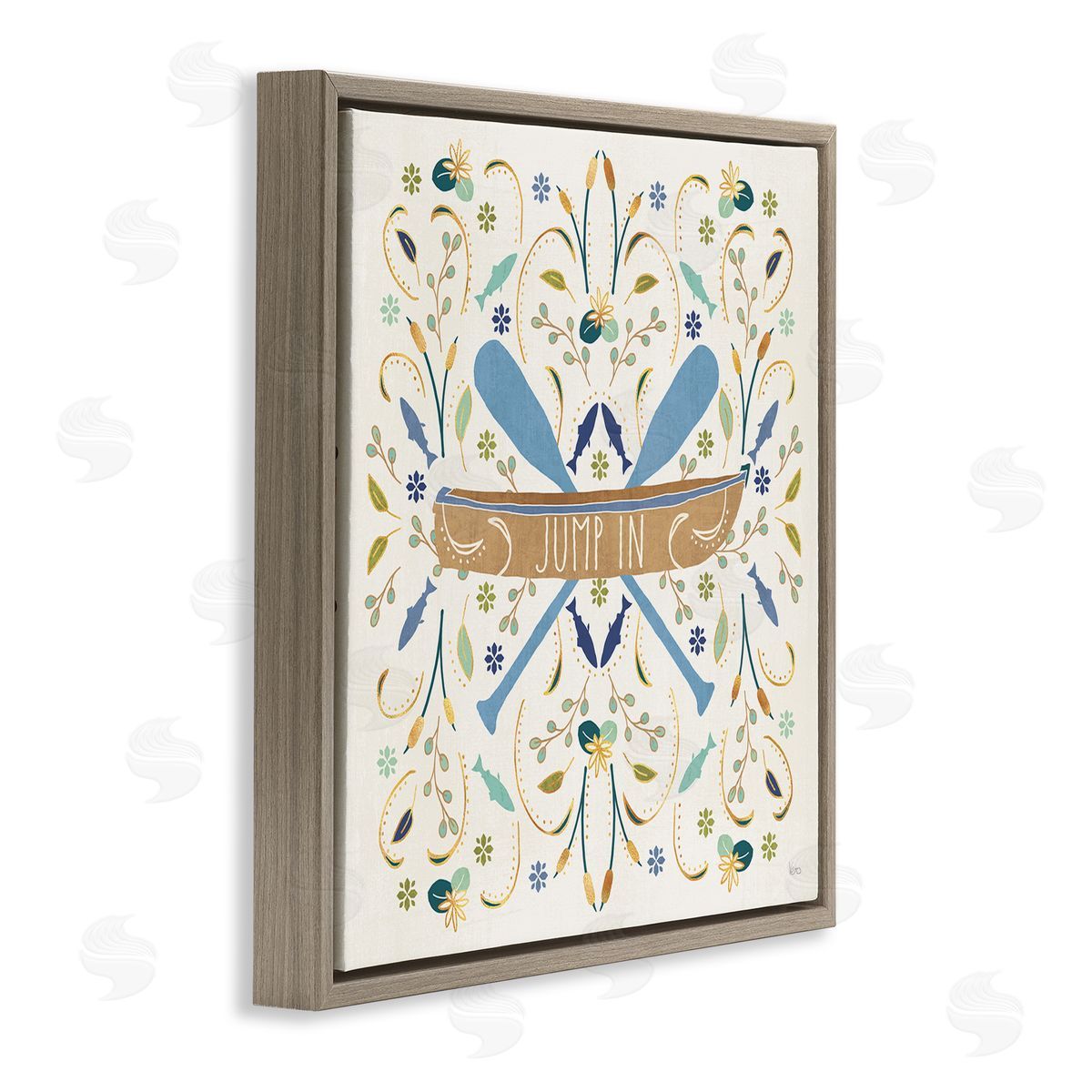 Veronique Charron Jump In Botanical Patterned Canoe Boat Crossed Ores Brown Floating Frame Canvas Wall Art Print