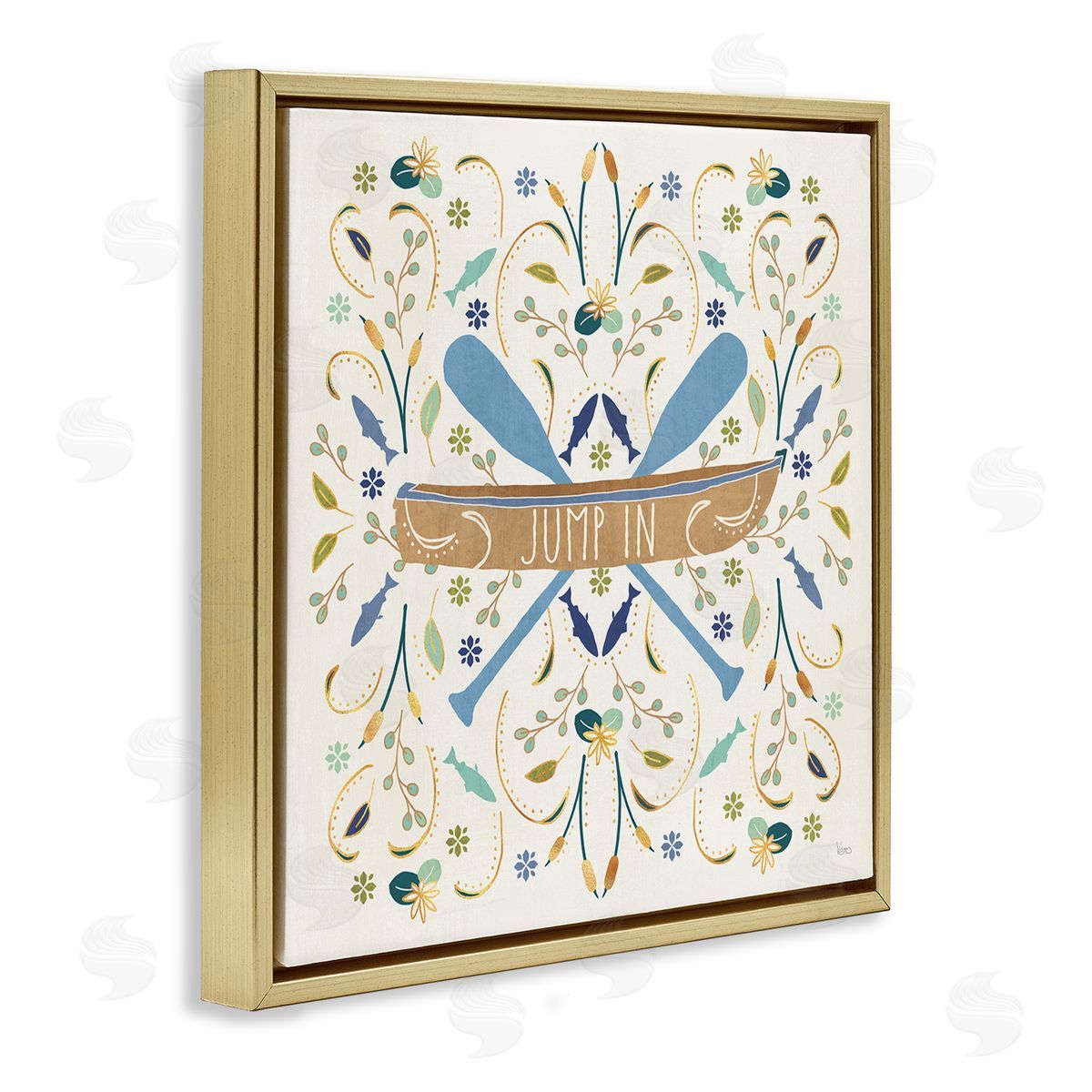Veronique Charron Jump In Botanical Patterned Canoe Boat Crossed Ores Gold Floating Frame Canvas Wall Art Print