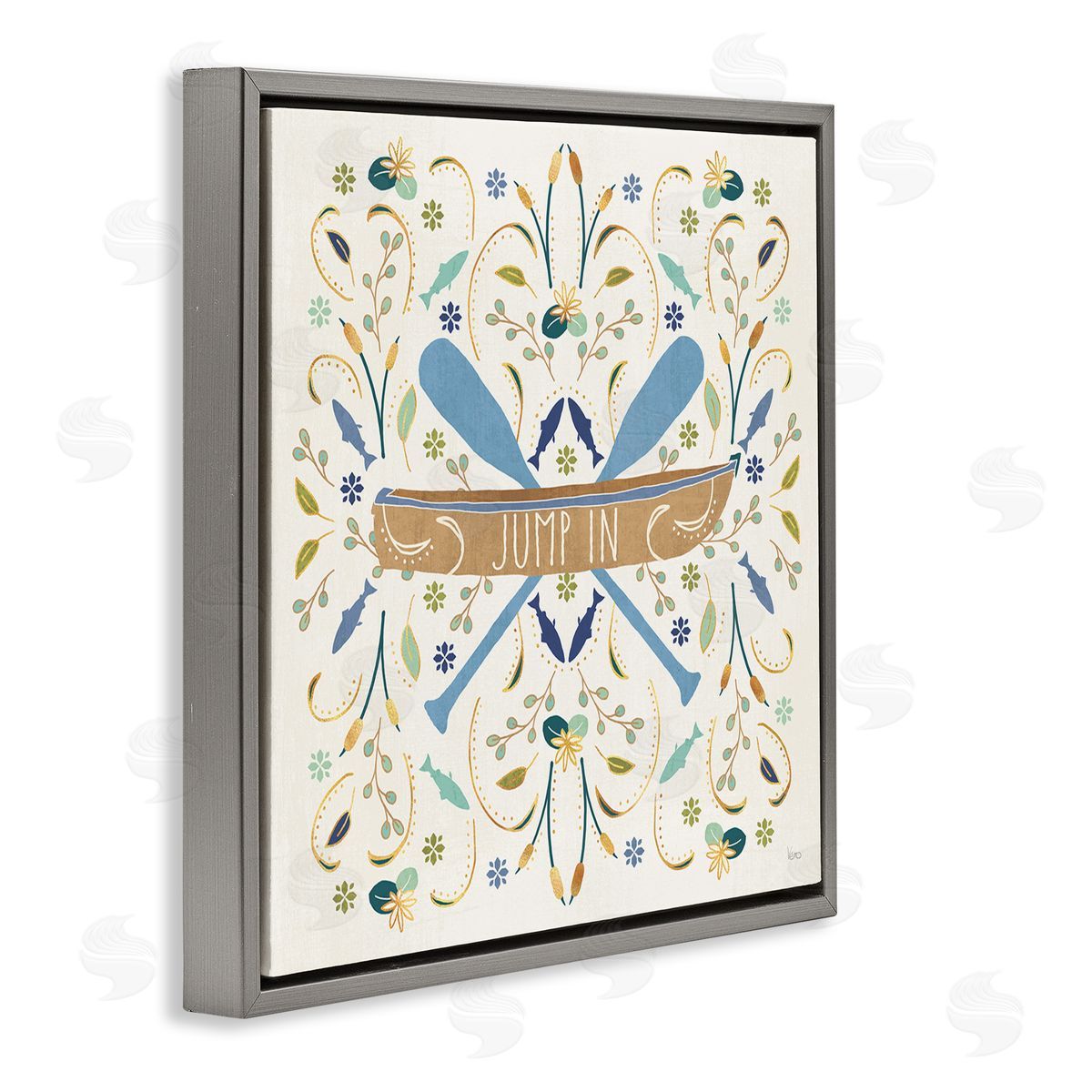 Veronique Charron Jump In Botanical Patterned Canoe Boat Crossed Ores Gray Floating Frame Canvas Wall Art Print