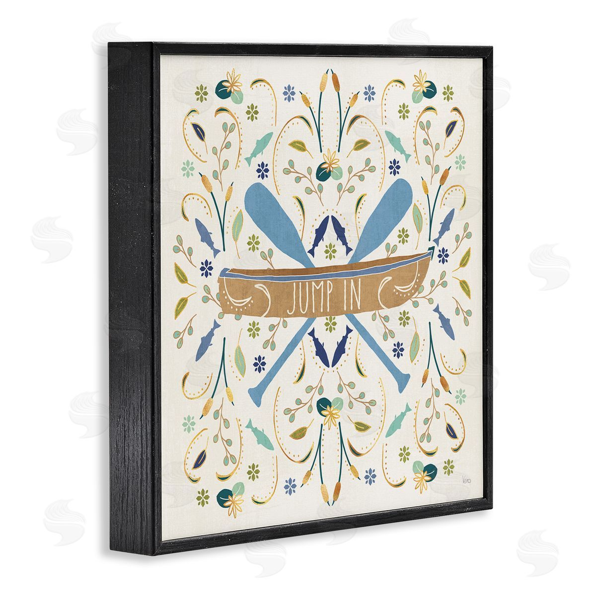 Veronique Charron Jump In Botanical Patterned Canoe Boat Crossed Ores Black Framed Glicee Wall Art Print