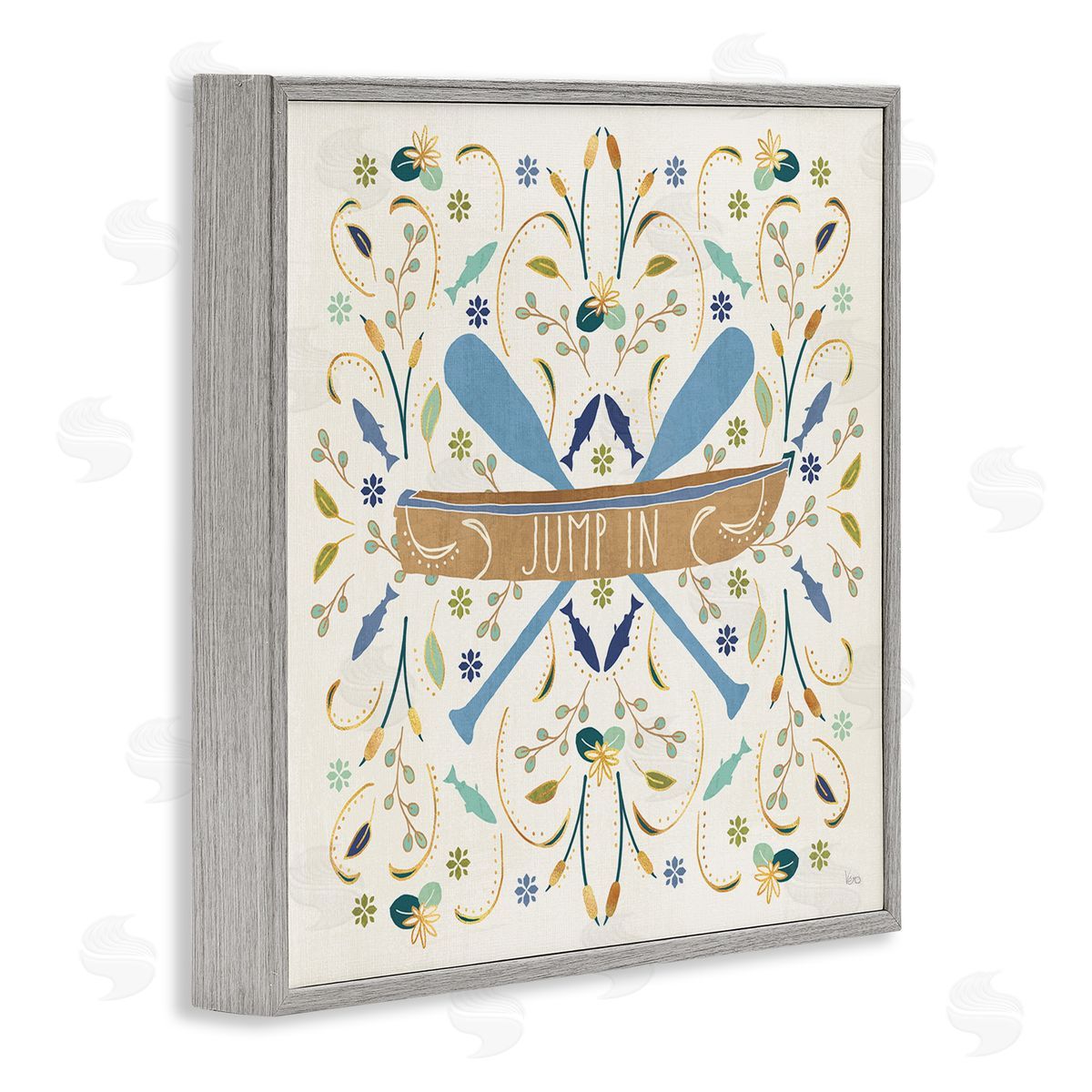 Veronique Charron Jump In Botanical Patterned Canoe Boat Crossed Ores Gray Framed Glicee Wall Art Print