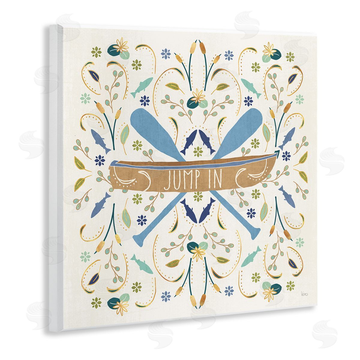 Veronique Charron Jump In Botanical Patterned Canoe Boat Crossed Ores Wooden Wall Plaque Art Print
