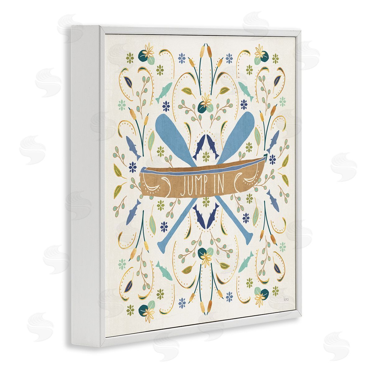 Veronique Charron Jump In Botanical Patterned Canoe Boat Crossed Ores White Framed Glicee Wall Art Print