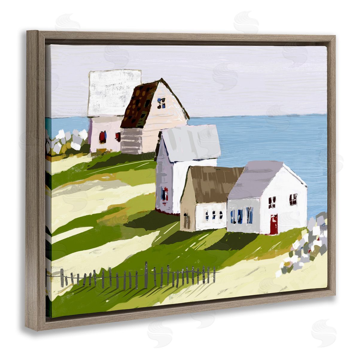 Tina Finn Quaint Seaside Cottages Overlooking Vast Ocean Landscape Brown Floating Frame Canvas Wall Art Print