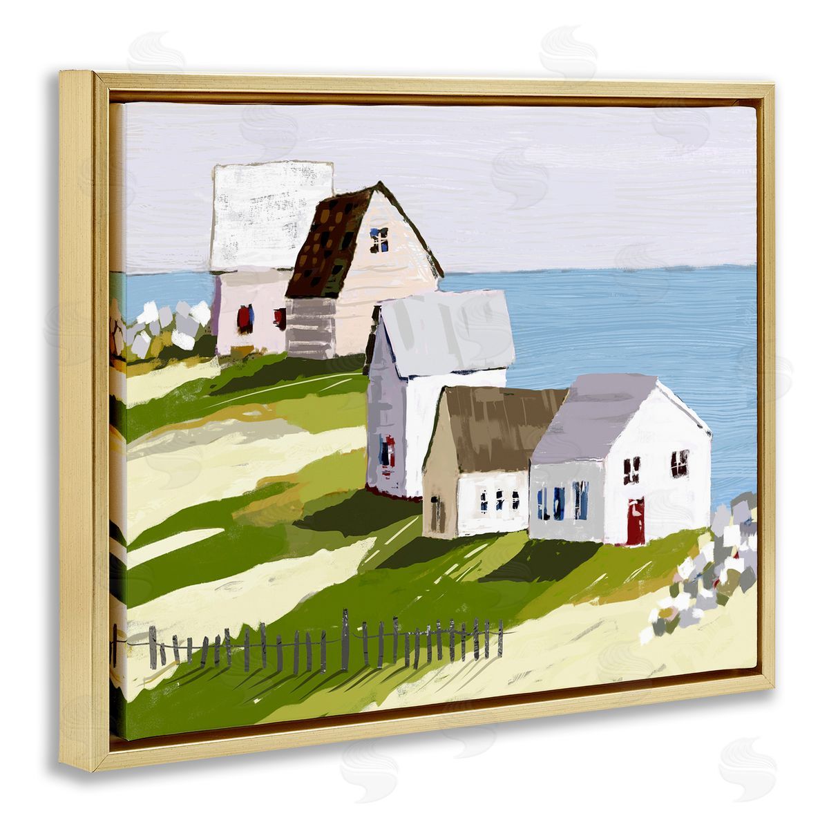Tina Finn Quaint Seaside Cottages Overlooking Vast Ocean Landscape Gold Floating Frame Canvas Wall Art Print
