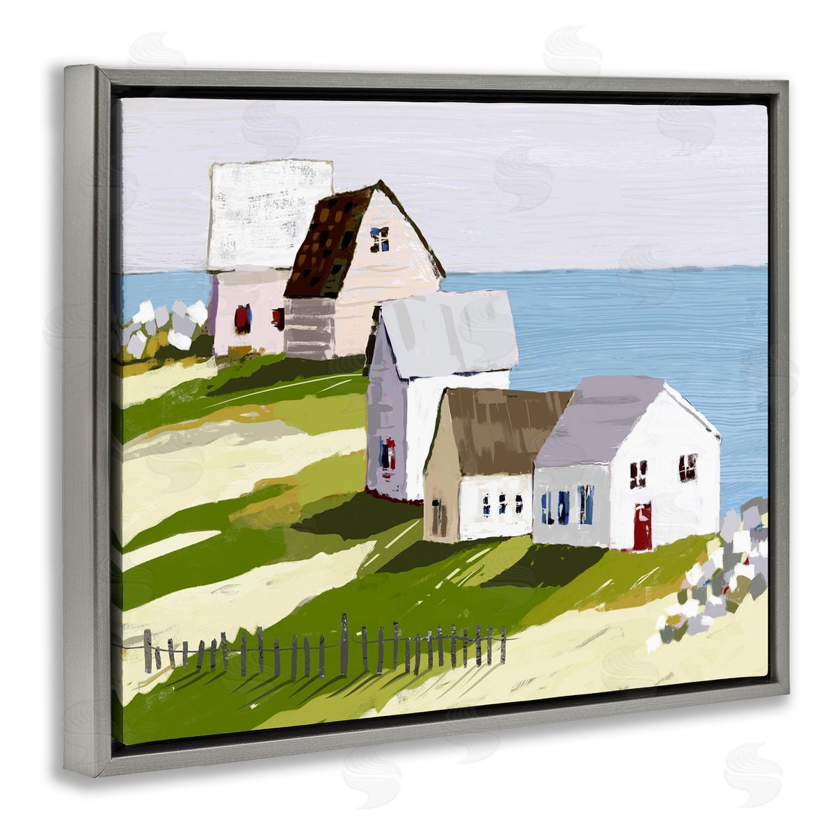 Tina Finn Quaint Seaside Cottages Overlooking Vast Ocean Landscape Gray Floating Frame Canvas Wall Art Print