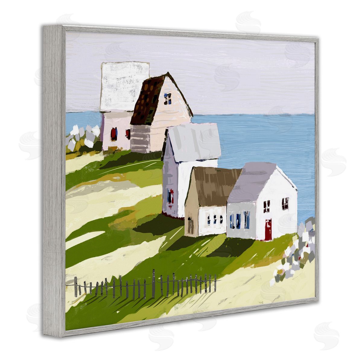 Tina Finn Quaint Seaside Cottages Overlooking Vast Ocean Landscape Gray Framed Giclee Wall Art Print