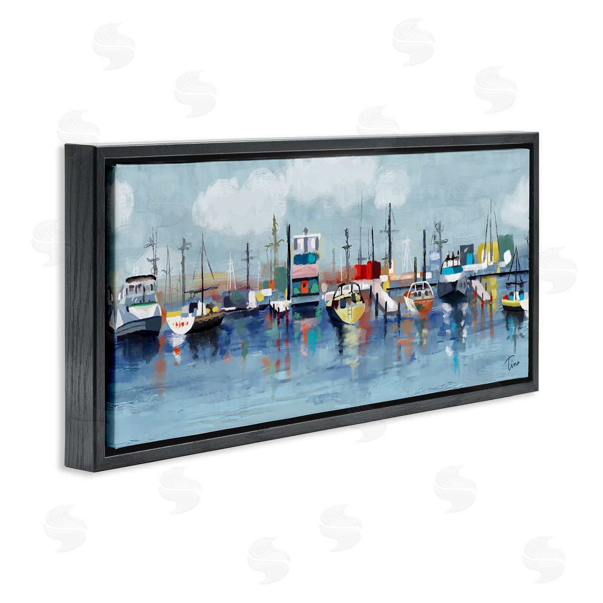 Varied Boats Docked Port Marina Black Floating Frame Canvas Wall Art, Home Decor by Tina Finn
