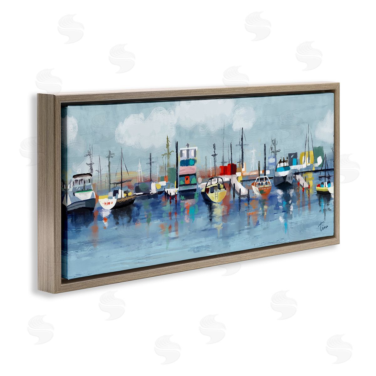 Varied Boats Docked Port Marina Brown Floating Frame Canvas Wall Art, Home Decor by Tina Finn