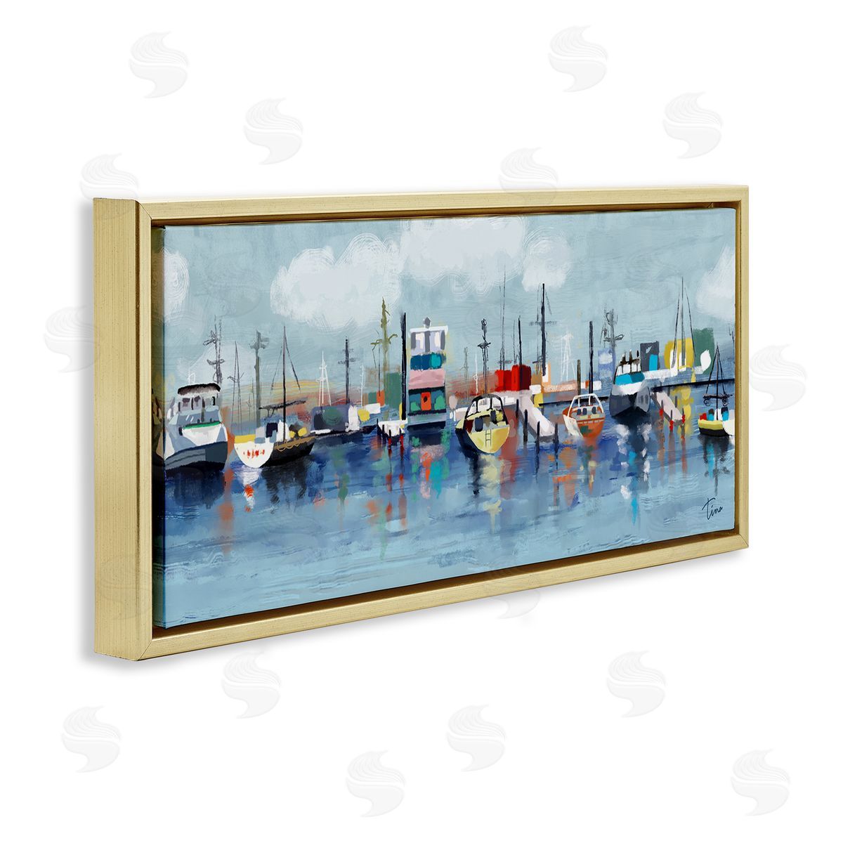 Varied Boats Docked Port Marina Gold Floating Frame Canvas Wall Art, Home Decor by Tina Finn