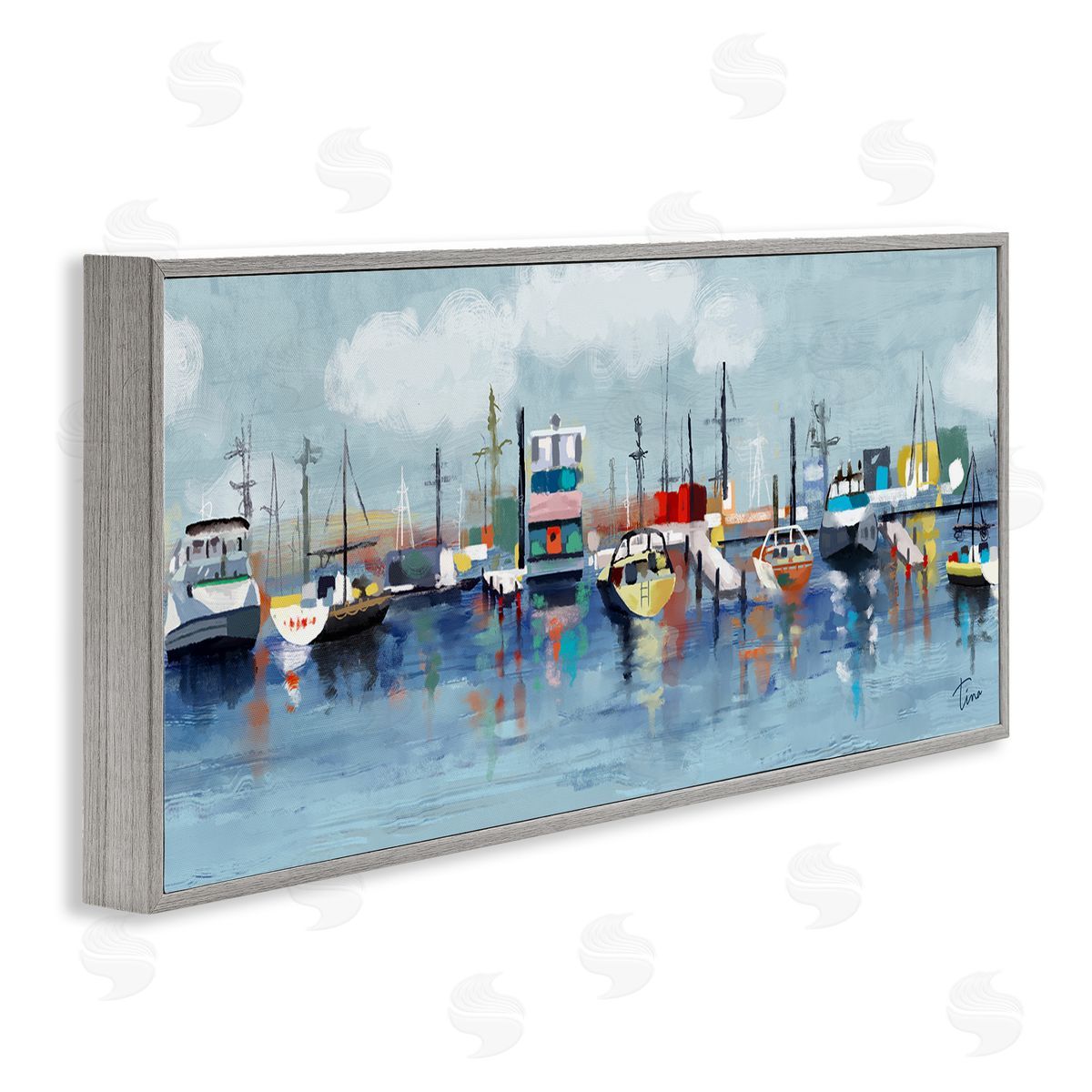 Varied Boats Docked Port Marina Grey Frame Print Wall Art, Home Decor by Tina Finn