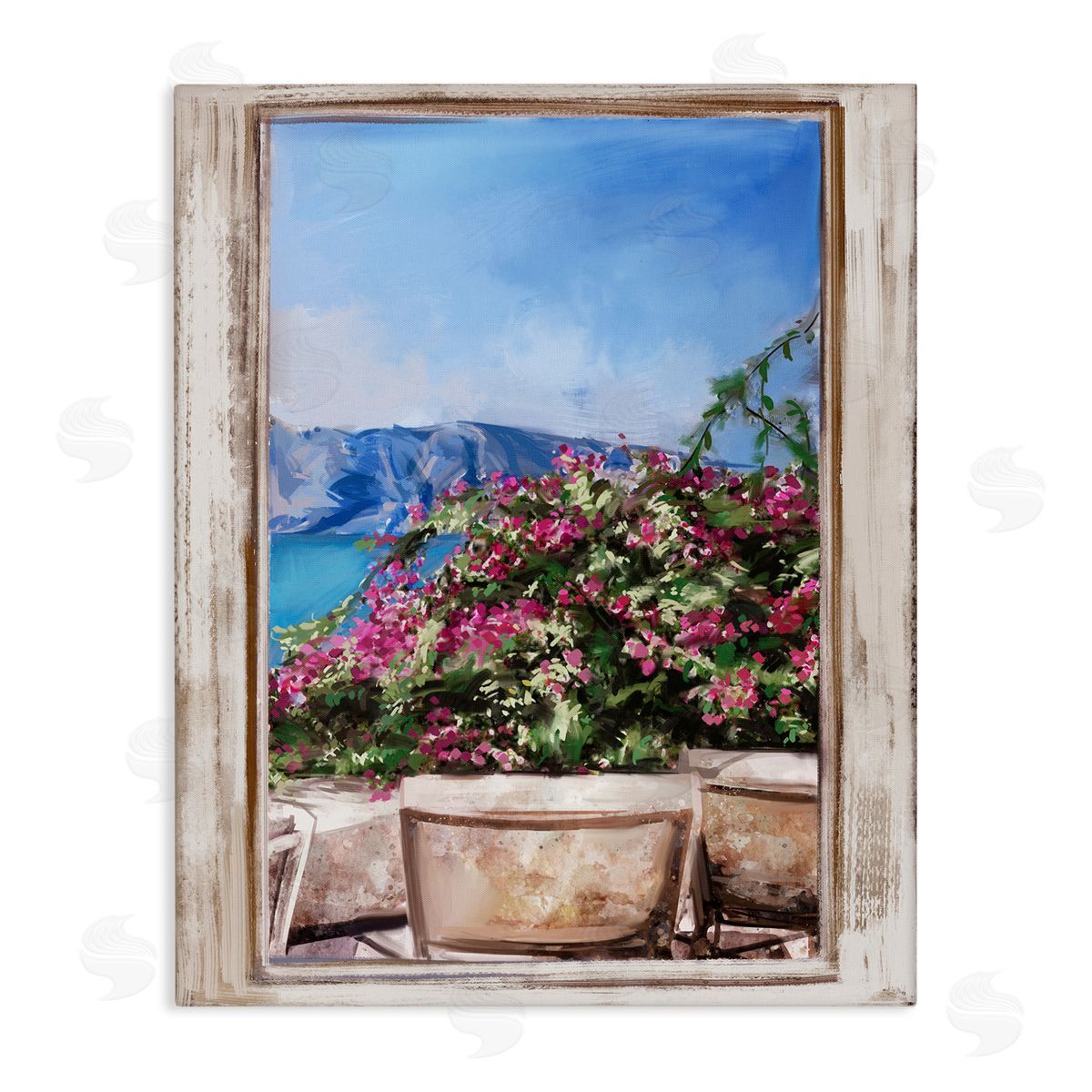 Ziwei Li Through Window View Seaside Flower Garden Scene Stretched Canvas Wall Art Print