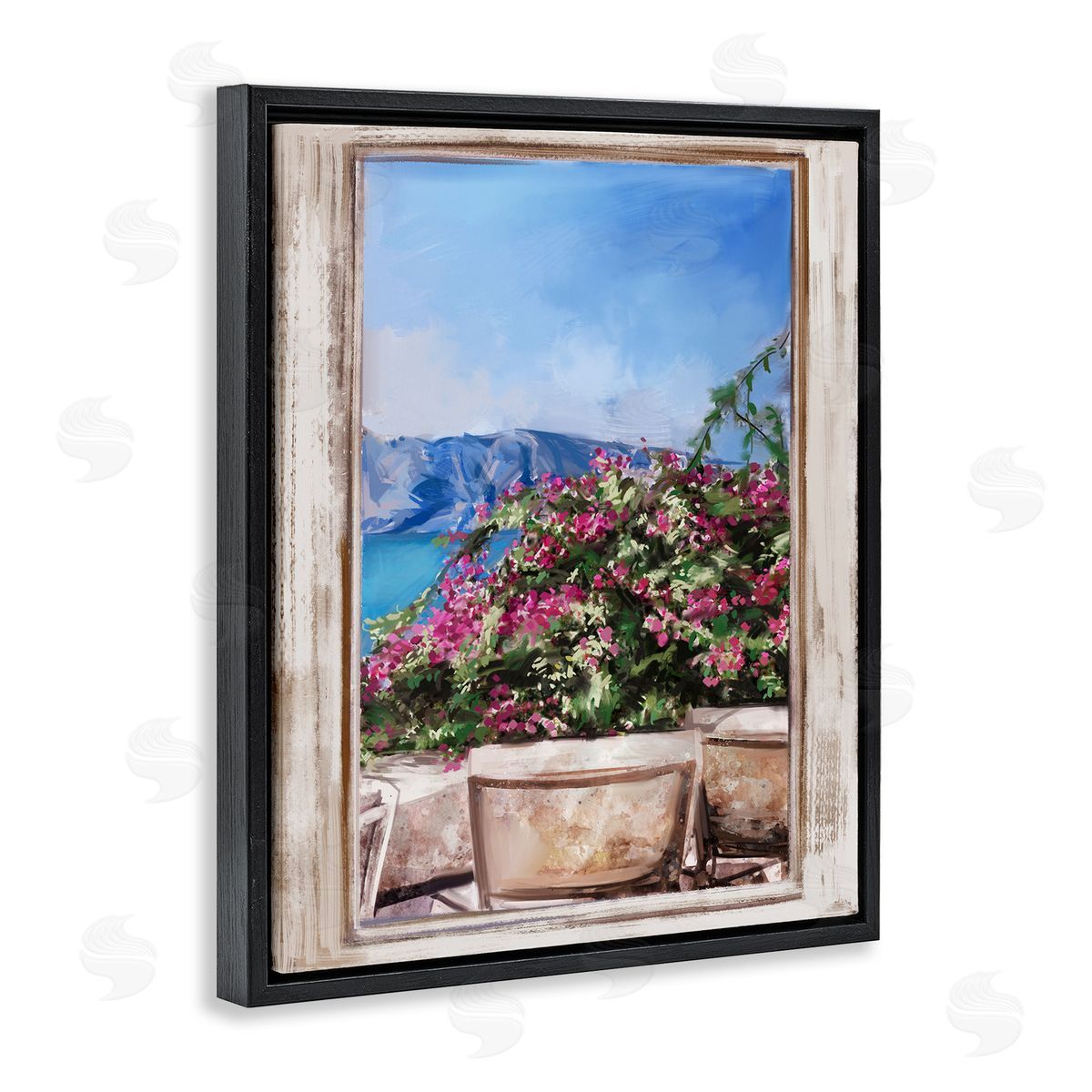 Ziwei Li Through Window View Seaside Flower Garden Scene Black Floating Frame Canvas Wall Art Print